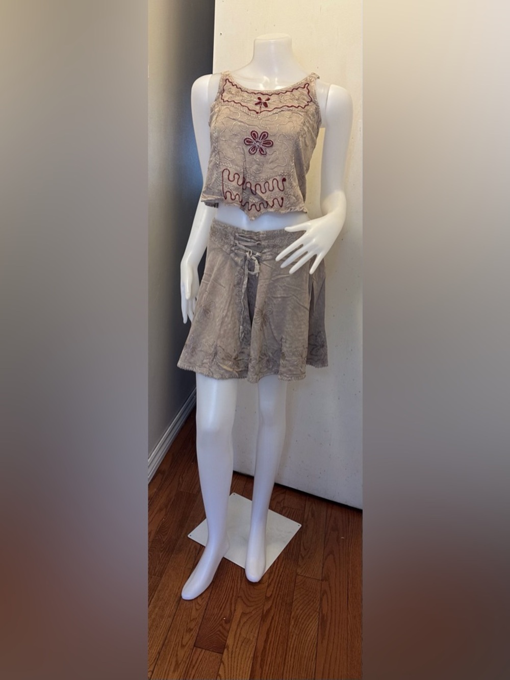Boho Two piece Embroidered Cream Top and Shorts
